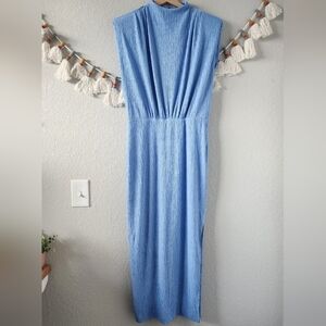 Saylor Fione Crinkle Knit Blue Midi Cap Sleeve Dress Elegant Romantic Wedding L